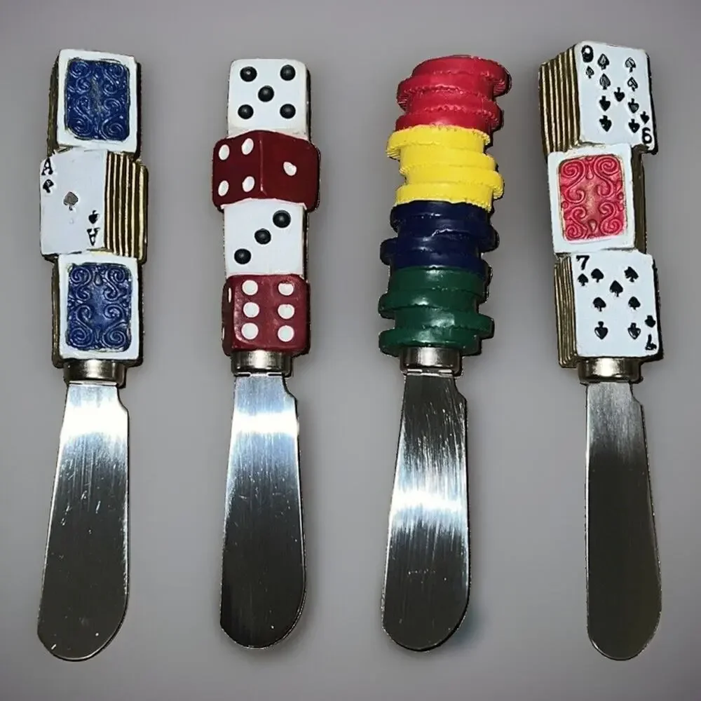 Boston Warehouse Casino Cards Dice Chips 4 Cheese Spreaders Stainless Party Fun